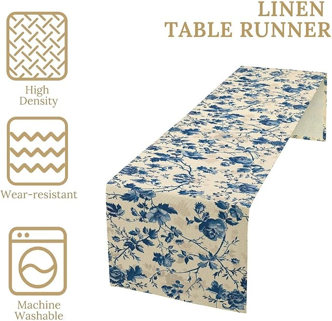 Vintage Floral Table Runner, Retro Blue Flowers Farmhouse Design Table Runner for Kitchen Dining Holiday Party Decor, 13x70 Inch
