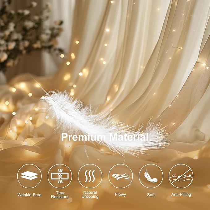 Tulle Curtain Backdrop with 300 LED Fairy Lights for Parities Wrinkle-Free Sheer Curtain Drapes Photo Back Drop for Wedding Baby Shower Bridal Shower Birthday Home Décor-10ft×10ft, Champagne