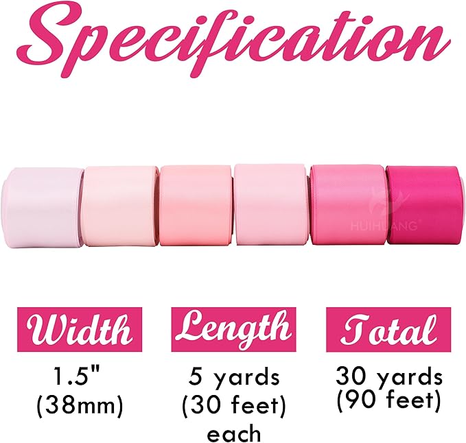 HUIHUANG Pink Ribbon 1-1/2" Satin Ribbon Assorted Pink/Hot Pink Satin Ribbons for Flower Bouquet, Gift Wrapping, Hair Bows Crafts, Wedding Bridal Shower Decor- 6 Rolls, Total 30 Yards