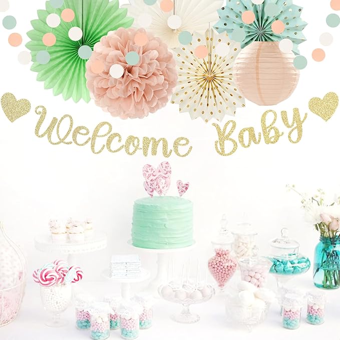 Sage-Green Blush-Beige Baby Shower Party-Decorations - 21pcs Girls Welcome Baby Banner,Light Dusty Pink Paper Lanterns Pom Poms,Safari Woodland Boho Neutral Streamers Garland Decor Favors Huglony