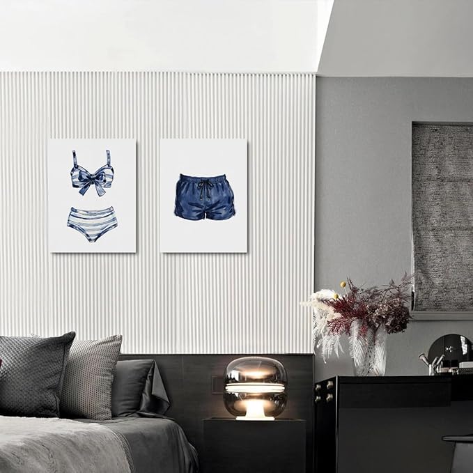 Blue White Painted Swimsuits Lake House Beach House Wall Decor Canvas Wall Art Framed Prints Artwork Posters Painting Picture for Home Bar Cart Laundry Room Girls Room Bedroom 14.5X11.5 Inch