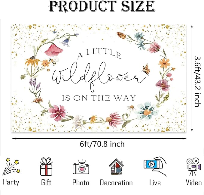 Wildflower Baby Shower Backdrop for Girl Watercolor Wild Floral Butterfly Photography Background Garden Wildflower Baby Shower Cake Table Banner Photoshoot Props (6x3.6ft)