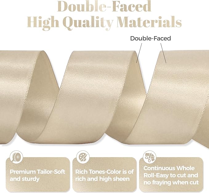 Beige Satin Ribbon, Double Faced 1-1/2 Inch X 50 Yards Beige Ribbon, Premium Satin Ribbon for Gift Wrapping, Crafts, Hair Bow Making, Sewing, Flower Bouquet, Wedding Party Decor