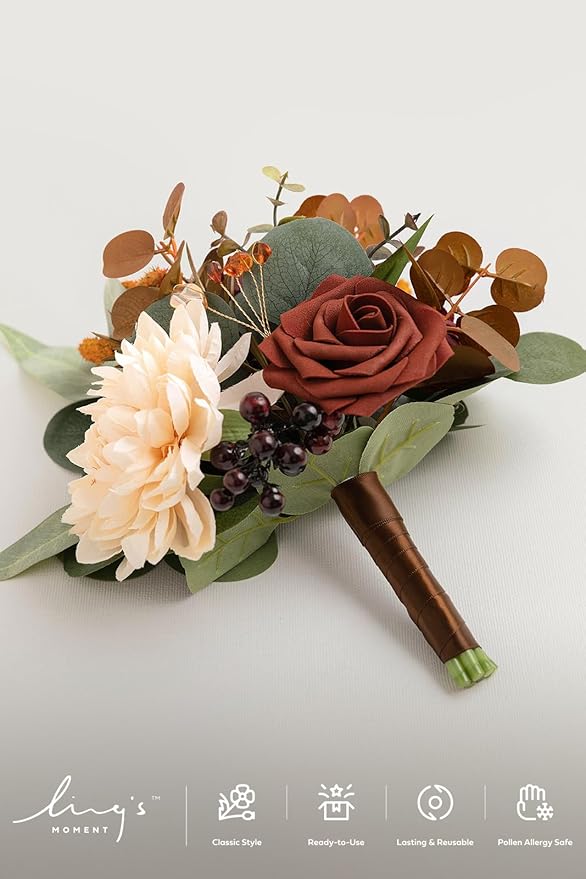Ling's Moment Artificial Flowers Terracotta Bridesmaid Bouquet Set of 6, Fall Wedding Flowers Bouquets for Bridesmaids, 7 Inch Bridal Bouquets for Bridesmaids, Wedding Decor, Anniversary, etc