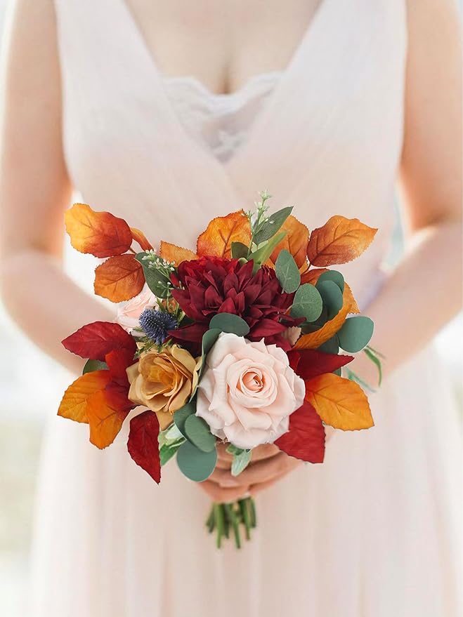 Rinlong 1Pc Bridesmaids Bouquet Fall Wedding Bouquets for Bridesmaid Terracotta Artificial Flowers Burnt Orange Silk Bouquet for Wedding