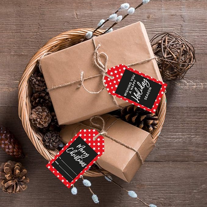 Andaz Press Christmas Holiday Season Classic Gift Tags, Merry Christmas to from and Wishing You A Happy Holiday Season, Red with White Stars Design, for Holiday Events, Parties, and Favors, 60-Pack