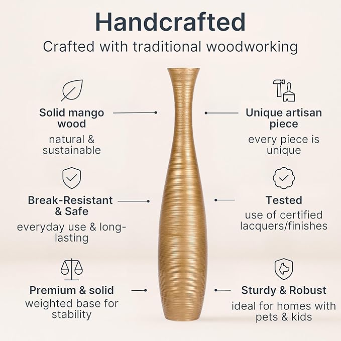Leewadee Large Gold Home Decor Floor Vase - Wooden 26 inch Tall Farmhouse Decor Flower Holder for Fake Plant and Pampas Grass