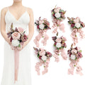 Ling's moment Artificial Flowers Pink Bridesmaid Bouquet Set of 6, Dusty Rose & Mauve Wedding Flowers Bouquets for Bridesmaids, 7 Inch Bridal Bouquets for Bridesmaids, Wedding, Ceremony, Anniversary,