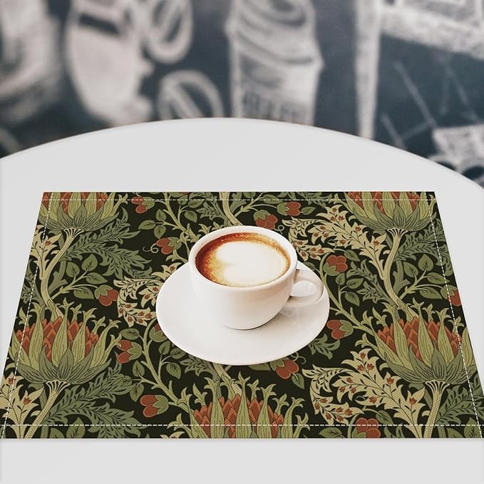 Vintage Boho Florals Placemats Set of 4, William Morris Retro Botanical Plant Foliage Place Mats, Heat Resistant Non Slip Cotton Linen Dining Table Mats for Home Kitchen Party 18x12 Inch