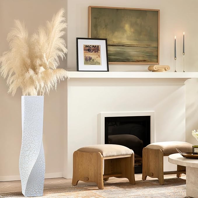 Tall Vases On Floor, 27.56" Twisted Geometric Flower Vase for Home, Living Room, Flower Centerpieces, Shelf, Table, Decor, White Crackle Vase