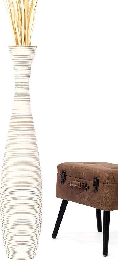 Leewadee Large White Home Decor Floor Vase - Wooden 41 inch Tall Farmhouse Decor Flower Holder for Fake Plant and Pampas Grass