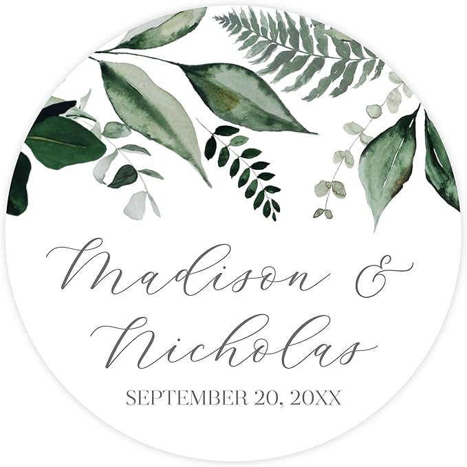 Personalized Floral Wedding Stickers with Your Choice of 30 Flower Styles - Choose Font and One of Five Pre-made Phrases or Add Custom Text (002 - Green Leaves)