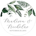 Personalized Floral Wedding Stickers with Your Choice of 30 Flower Styles - Choose Font and One of Five Pre-made Phrases or Add Custom Text (002 - Green Leaves)