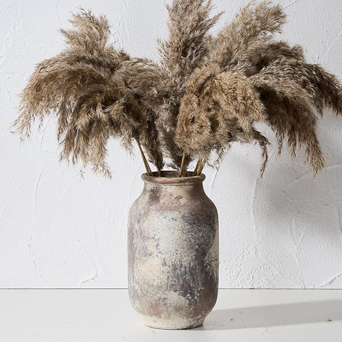 SIDUCAL Rustic Ceramic Farmhouse Flower Large Vase, Whitewashed Terra Cotta Vase, Pottery Decorative Flower for Home Decor, Table, Living Room Decoration, Shelf Decor, Mantel, 9.5 Inch, Terra