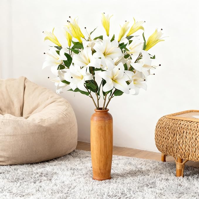 2PCS 37.7Inch White Artificial Lily Flowers With 10 Heads Lilies Faux Flowers for Floor Vase Wedding Home Party Indoor Table Hotel Office Vases Floral Arrangements Outdoor Party Garden Decor(White)