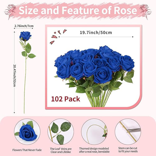 102 PCS Royal Blue Roses, Faux Blue Rose Bouquet, Silk Rose with Stems for Wedding Flowers Decoration, Valentines Day Mothers Day, Wedding Decoration