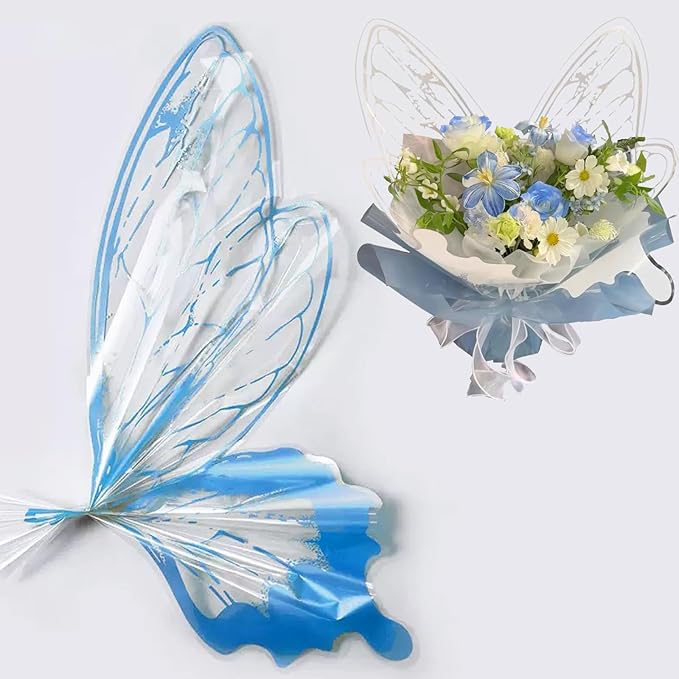 LLBWKC 20 Sets Butterfly Flower Wrapping Paper, Waterproof Butterfly Flower Bouquet Wrapping Paper, OPP Clear Floral Wraps for Florist Supplies, Gift Packaging, DIY Craft 20x22 in (Blue)