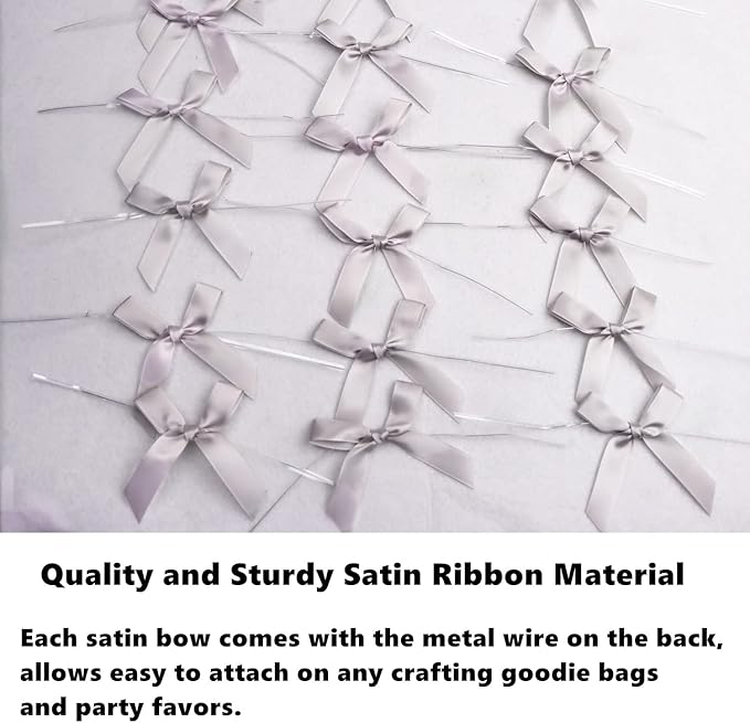 100 Pack 3" Satin Twist Tie Bows, Twist Bows for Treats, Ribbon Bows with Twist Ties Gift Wrap Bows, Pretied Bows Ties for Cake Pops, Baby Shower, Sweets Packaging, Party Favors, Gifts(Silver)