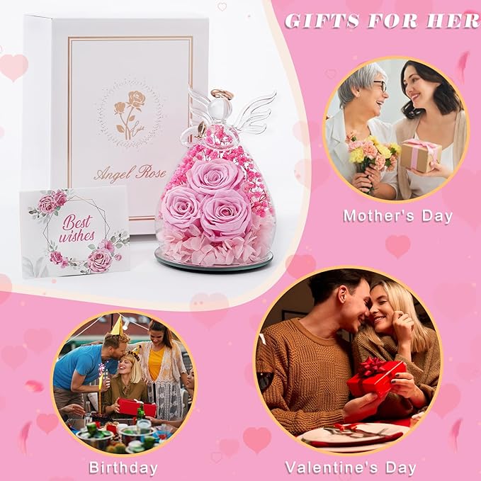 Beferr Christmas Birthday Gifts for Women, Mom Gifts for Christmas Fresh Flowers for Delivery Prime Forever Preserved Rose in Glass Angel Figurine Xmas Gifts for Grandma Wife Sister Her, Pink