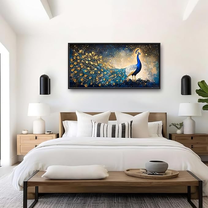 Peacock Large Wall Art Framed Gold Wall Decor for Living Room Mountain Peacock Pictures Oversized Canvas Print Painting Modern Extra Large Framed Artwork for Bedroom Office Home Decor 60"x30"