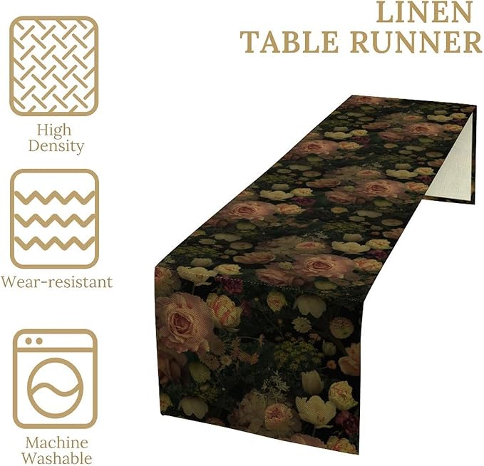 Vintage Floral Table Runner,Pink Flowers Rose Gothic Print Table Runner for Home Kitchen Table Dining Indoor Outdoor Party Decor 13x120 Inch