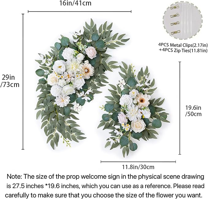 Artificial Arch Flowers Swag Set of 2 for Wedding Welcome Sign Floral Decoration and Reception Backdrop Decoration(Champagne White)