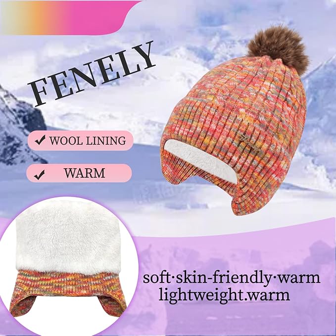FENELY Women's Knitted Warm Beanie Winter Hat, Warm Chunky Snow Hat with Pompom