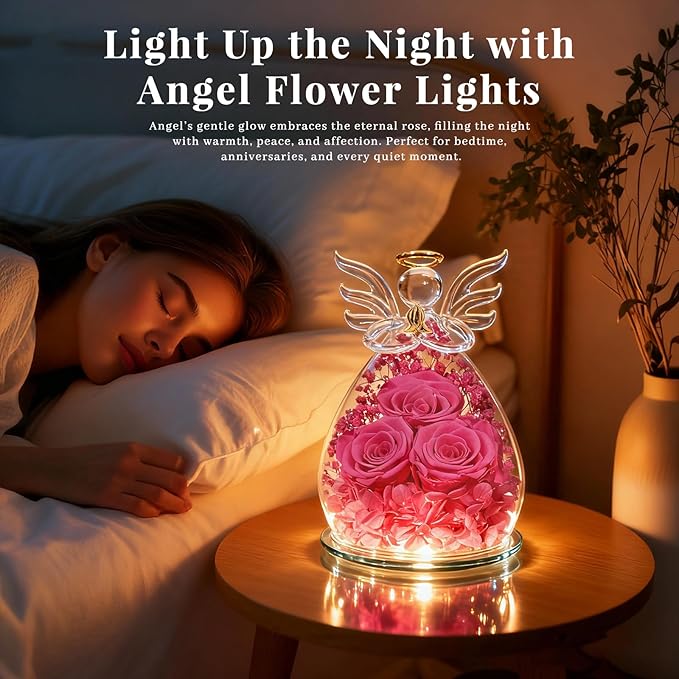 Beferr Christmas Birthday Gifts for Women, Mom Gifts for Christmas Fresh Flowers for Delivery Prime Forever Preserved Rose in Glass Angel Figurine Xmas Gifts for Grandma Wife Sister Her, Rose Red