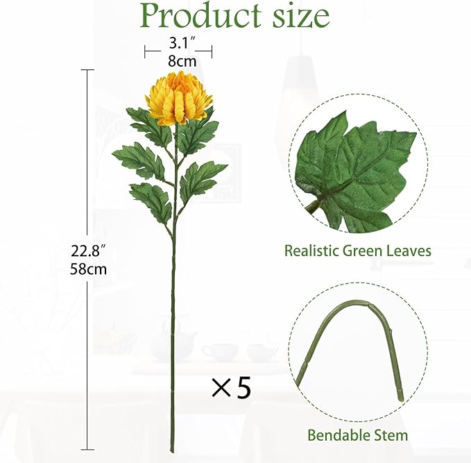 Hollyone 5Pcs Fake Mums Flowers Yellow Artificial Chrysanthemum Flowers Silk 22.8inch Long Stem Floral Arrangements Bouquets Faux Spider Mum Flower Pincushion Flower Bush Spring Home Decor