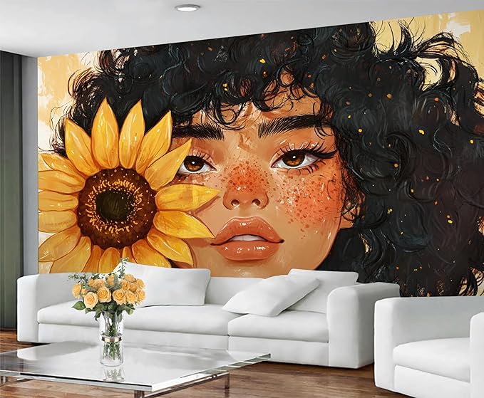 KIREUPA Sunflower Woman Art Wall Mural, Curly Hair Girl with Sunflower 3d Wall Murals, Modern Portrait and Flower Wallpaper Mural, for Living Room Bedroom Large Wallpaper Indoor Decor 98.4" W x68.9 H