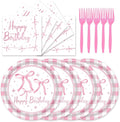72Pcs Pink Bow Plates and Napkins, Coquette Birthday Party Supplies Pink Bow Paper Plates and Napkins Forks Tableware Decorations for 24 Guests