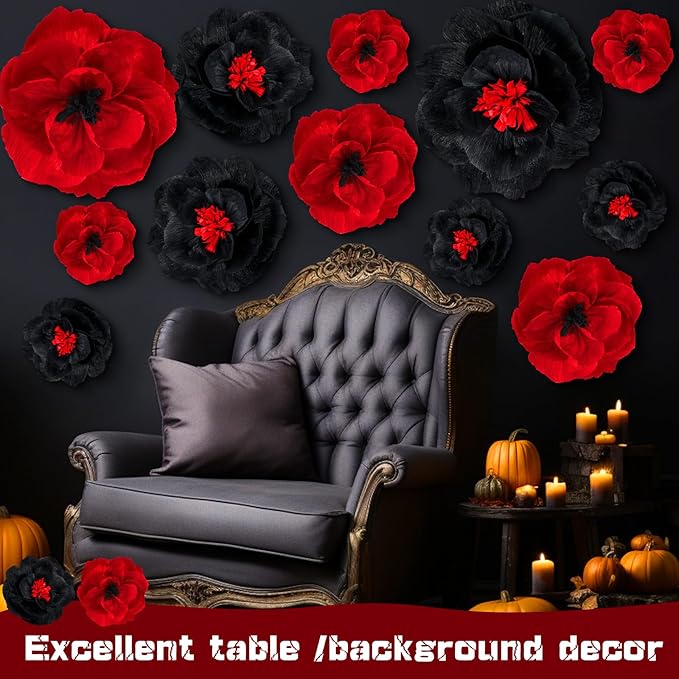 Giant Paper Flowers Artificial Large Paper Flower Decoration for Handcrafted Wall Backdrop Christmas Mexican Wedding Graduation Bridal Shower Birthday Party Supplies(Wine Red and Black,12 Pcs)