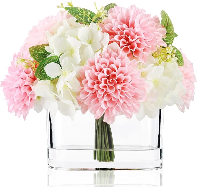 WELL KNOWN Artificial Hydrangea Dahlia Flowers in Vase, Faux Silk Flowers Arrangement with Big Glass Vase for Home Wedding Party Dining Table Centerpiece Home Office Decor & Women Mom's Gift (Pink)