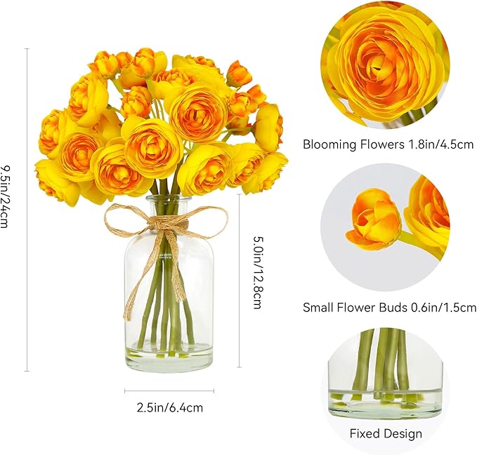 Ranunculus Artificial Flowers with Vase, 8 Pcs Faux Silk Ranunculus Flower in Vase, Small Flower Arrangements for Home Decor Indoor, Table Centerpiece. (Yellow)