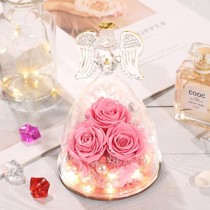 Birthday Gifts for Her, Glass Angel Figurine with Three Rose Gifts, Preserved Forever Real Rose Gifts for Women, Angel Guardian with Rose, Gifts for Valentine Mothers Day