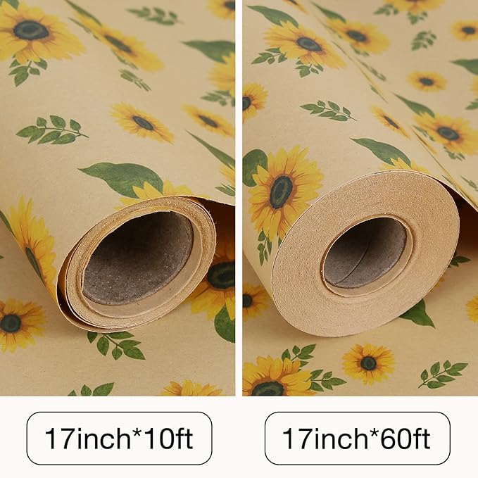 Aimyoo Sunflower Kraft Wrapping Paper Roll, All Occasion Floral Gift Wrap Paper for Wedding Bridal Shower Fall, 17 in x 10 ft