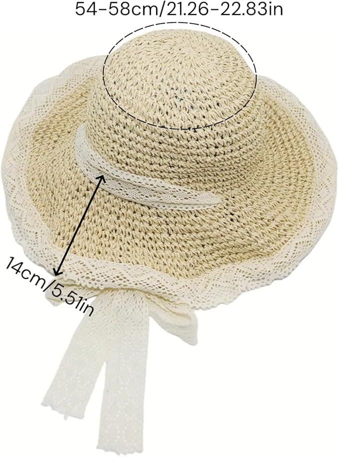 Ladies Wide Brim Beach Straw Hat Summer Vacation Sun Protection Hat Braided Lace Edge Hat Soft Foldable Lightweight