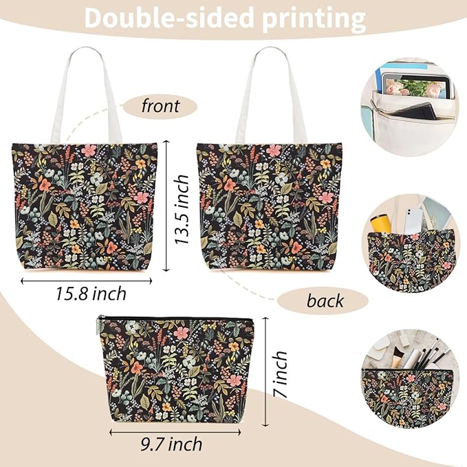 Aesthetic Floral Tote Bag Makeup Bag Flower Decor Gifts for Girls Christmas Shopping Grocery Bags Cosmetic Bags