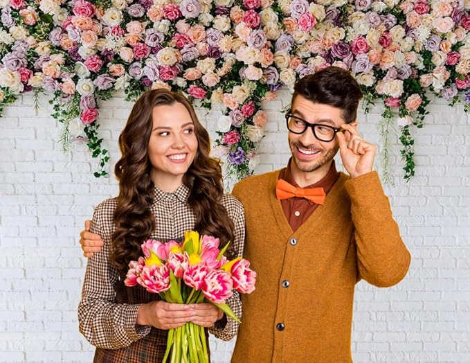 10X10FT White Brick with Flowers Backdrop Occasions Mother's Day Wedding Bridal Shower Birthday Party Banner Background Supplies DH-357