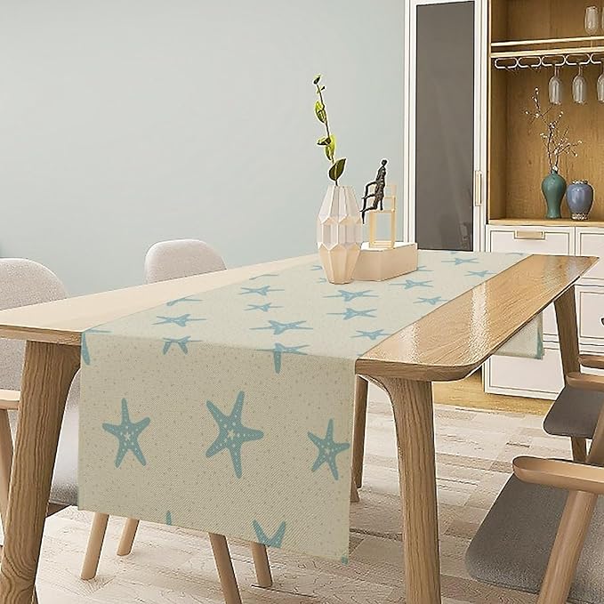 Sea Turtle Table Runner Marine Life Starfish Nautical Blue Green Ocean Theme Kitchen Table Decorations for Indoor Outdoor Home Party Decorations 13 * 60 Inch