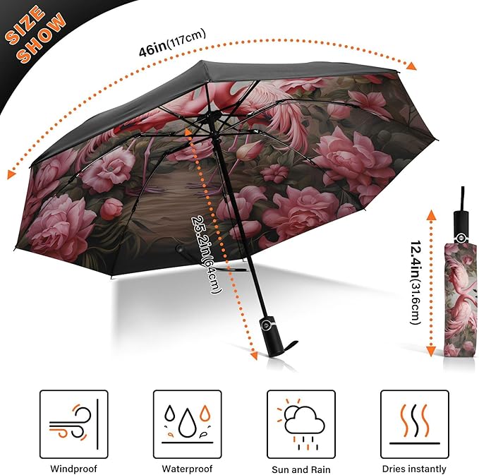 Automatic Folding Umbrella Windproof Strong, UV Protection Compact Floral Hydrangea Hummingbird Sun Rain Sun Rain Travel Umbrellas for Women Men
