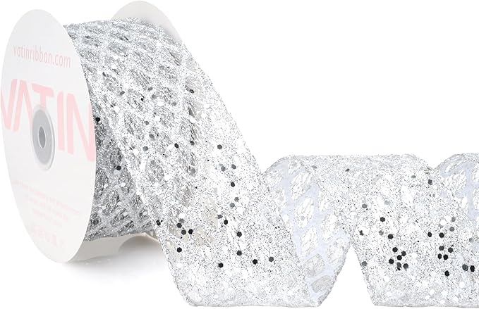 VATIN 2-1/2" Silver Christmas Ribbon, Silver Glitter Mesh Diamond Web Sequin Dots Wired Christmas Ribbon for Gift Wrapping Bow Making Wreath Supply-10 Yards