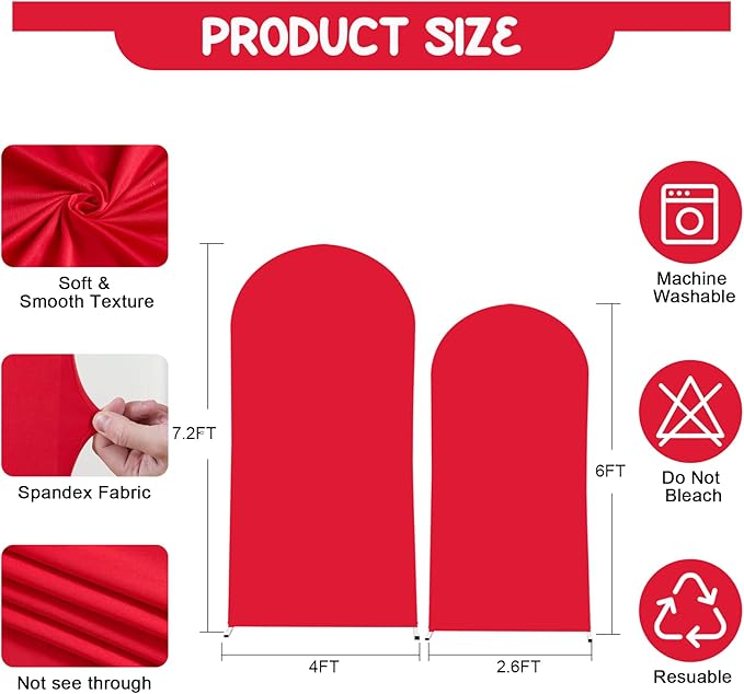 Red Arch Backdrop Covers - 6.6FT, 5FT Spandex Fitted Wedding Arch Stand Covers Round Top Chiara Stretchy Arch Backdrop Cover for Christmas Wedding Birthday Party Decoration