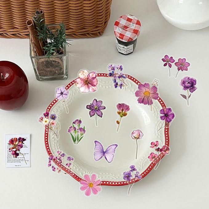 Transparent Aesthetic Purple Flowers Stickers 50 PCS, Waterproof Vinyl Decals for Tumblr, Water Bottles, Laptops, Journals, Scrapbooking, Cute Decorative Stickers for Teens, Girls & Adults