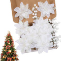 24 Pcs White Boxed Christmas Poinsettia Flowers Set, 16 Pcs Artificial Poinsettias with Clips, 8 pcs Glitter Christmas Tree Ornaments Berry Stems for Wedding Home Holiday Xmas New Year Decorations