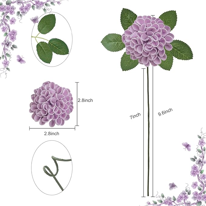 Artificial Flowers, 50pcs Realistic Artificial Rose for DIY Wedding Bouquets Centerpieces Arrangements, Purple Dahlia Flowers with Stem for Bridal Shower Party Home Decorations