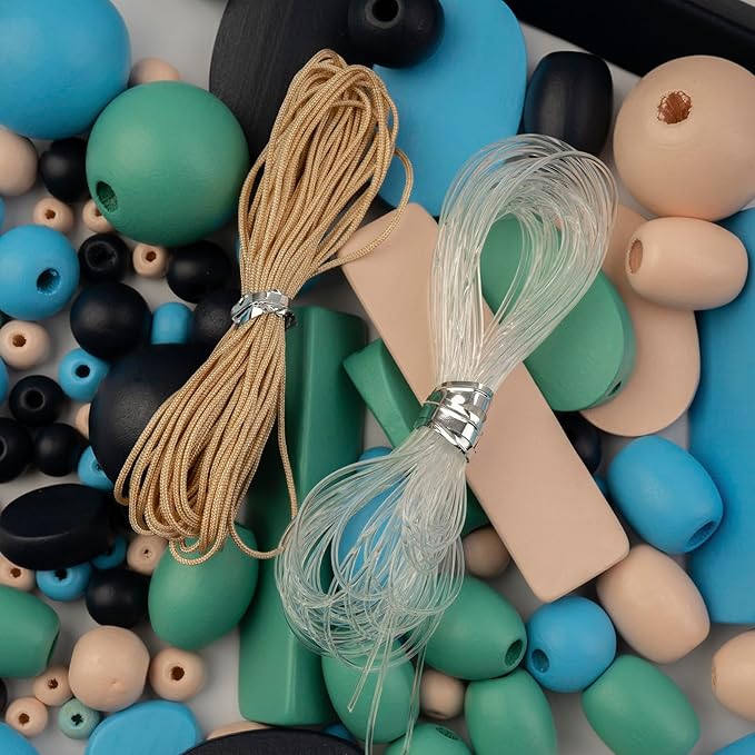 John Bead 90g Craft Beads Blue/Light Blue/Natural/Green Wood Beads with Elastic Nylon Cord