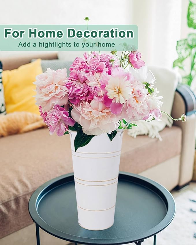 12 Inch Galvanized Metal Vases for Flowers - 6 Pcs Farmhouse Decorative Tall Flower Bucket with Handles, Rustic French Tin Planter Buckets for Wedding Decor (White)