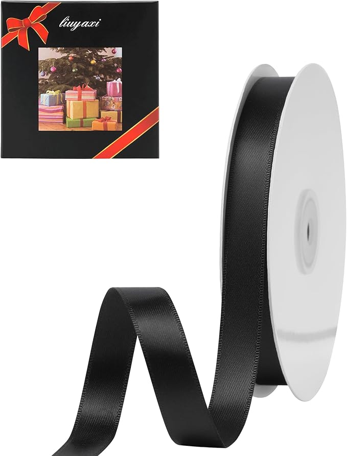 LIUYAXI Black Satin Ribbon, Double Faced 5/8" X Continuous 25 Yards Ribbons Perfect for Gift Wrapping Bows Bouquet Wedding Craft and More
