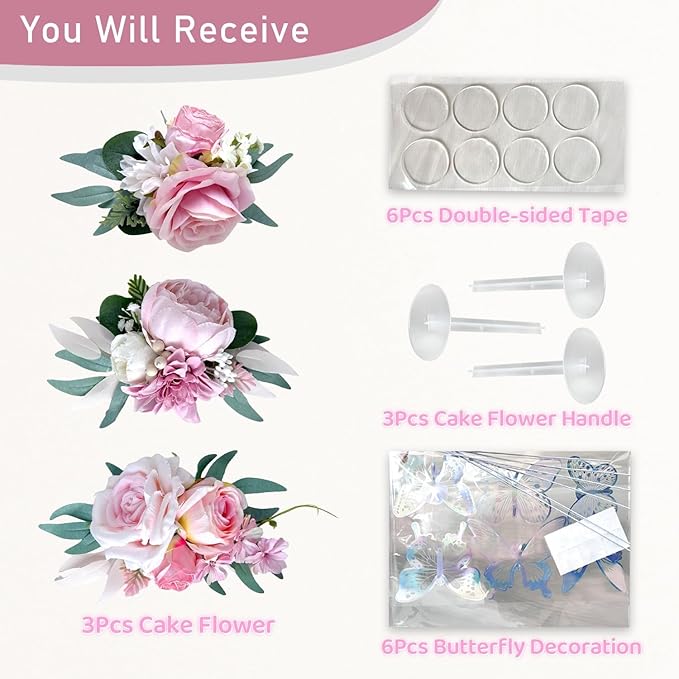 Pre-Made Blush Pink Silk Flowers for Cakes Decorations Pastel Light Pink Artificial Rose Peony Wedding Cake Toppers Decorating Fake Floral Anniversary Birthday Party Arrangements Table